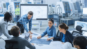 Modern Factory Office Meeting Room: Busy Diverse Team of Engineers, Managers and Investors Talking at Conference Table, Use Interactive TV, Analyze, Find Solutions, Debate and Discuss Engine Concept.